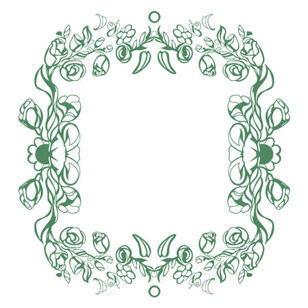 Vector ornamental hand drawn frame. Floral art vintage background. Elegant decorative drawing green patternのイラスト素材