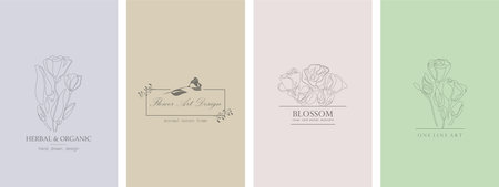 Set of beautiful delicate floral covers, templates, placards, brochures, banners, flyers and etc. Elegant hand drawn backgrounds, postcards, posters, invitation, tags. Color cards with drawing flowersのイラスト素材