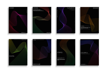 Collection of abstract gradient covers, templates, backgrounds, placards, brochures, banners, flyers, magazines. Striped color posters, cards etc. Creative minimalistic design - vibrant wavy linesのイラスト素材