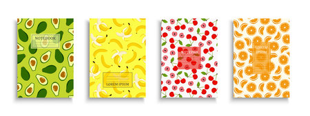 Collection of bright colorful fruit covers. Summer nature creative backgrounds, templates, placards, brochures, banners, flyers, notepads, notebooks and etc. Vibrant unusual printsのイラスト素材