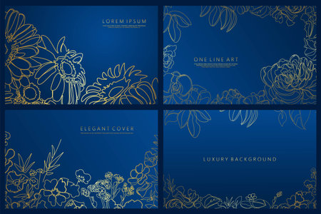 Set of luxury floral hand drawn blue backgrounds. One line art design. Vector beautiful cards with golden drawing contour flowers. Elegant covers, banners, templates, brochures, placards ant etcのイラスト素材