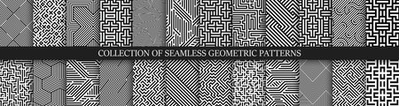 Collection of vector seamless geometric patterns. Striped black and white abstract backgrounds. Monochrome linear textures. Endless unusual printsのイラスト素材