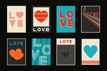 Set of retro covers, templates, placards, brochures, banners, flyers and etc. Stylish greeting postcards, posters, invitation - fashion design 80 - 90s. Vintage love creative cardsのイラスト素材