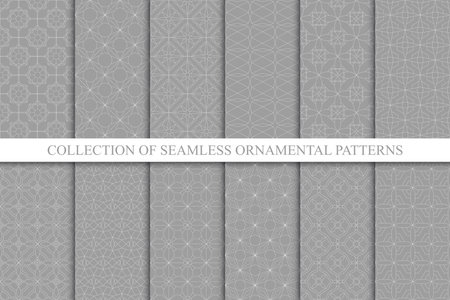 Collection of vector gray seamless geometric ornamental patterns - oriental backgrounds. Monochrome repeatable printsのイラスト素材