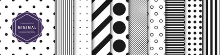 Collection of geometric black and white seamless minimalistic patterns. Simple dotted and striped...