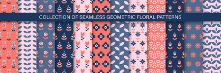 Collection of geometric colorful seamless floral patterns - cute design. Vintage trendy repeatable backgrounds. Bright textile endless printsのイラスト素材