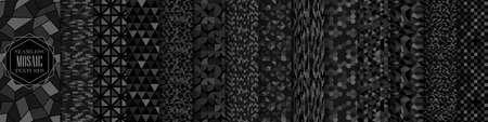 Collection of seamless dark geometric patterns. Black mosaic tile endless textures. Abstract fashion artwork backgroundsのイラスト素材