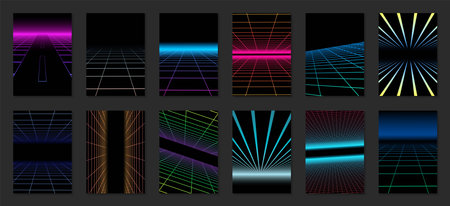 Collection of bright abstract retro posters, templates, placards, brochures, banners, backgrounds, flyers - fashion design 80 - 90s. Futuristic neon grid covers with perspective - retro digital cardsのイラスト素材