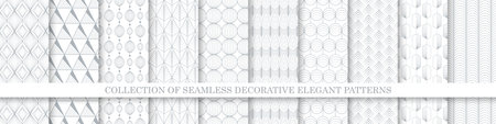 Collection of ornamental seamless geometric patterns - white and gray design. Elegant endless art deco ornate backgrounds. Repeatable monochrome fabric printsのイラスト素材