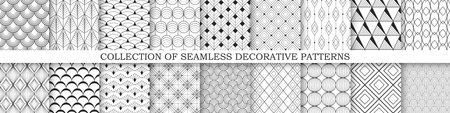 Collection of vector seamless geometric ornamental patterns - elegant monochrome design. Repeatable ornate black and white backgroundsのイラスト素材