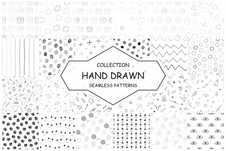 Collection of vector seamless black and white patterns - hand drawn design. Minimalistic unusual drawing monochrome backgrounds. Textile endless printsのイラスト素材