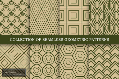 Collection of vector seamless geometric patterns. Green repeatable backgrounds. Simple trendy creative textures. You can find endless design in swatches panelのイラスト素材