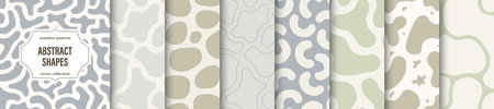 Collection of seamless patterns with abstract shapes. Delicate color creative vector backgrounds. Drawing trendy endless textures - tile design. Unusual spotted printsのイラスト素材