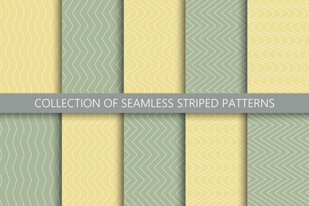 Collection of green seamless striped outline patterns. Simple paper linear zigzag and wave textures. Minimalistic textile printsのイラスト素材