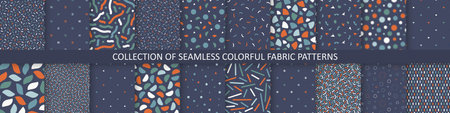 Collection of vector seamless colorful patterns. Trendy minimalistic backgrounds with geometric shapes. Simple unusual textile printsのイラスト素材