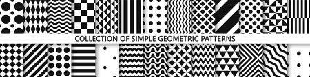 Collection of vector black and white seamless patterns. Simple geometric textures - repeatable backgrounds. Monochrome unusual design, minimalistic textile printsのイラスト素材