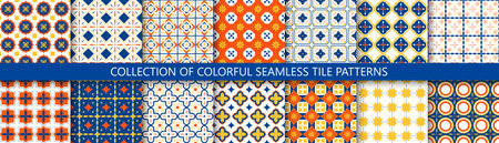 Collection of bright colorful seamless geometric patterns. Tile unusual textures. Decorative ornamental endless retro backgrounds. Repeatable symmetric printsのイラスト素材