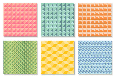 Collection of color seamless geometric patterns. Repeatable bright fashion backgrounds. Decorative endless 3d tile texturesのイラスト素材