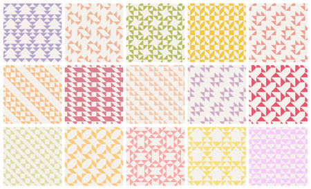 Collection of bright vector decorative seamless geometric fabric patterns. Textile color endless textures. Abstract bright cloth repeatable backgrounds. Symmetry unusual printsのイラスト素材