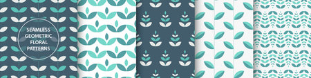 Collection of vector seamless color floral patterns with leaves and branches. Abstract geometric nature backgrounds. Fabric endless printsのイラスト素材