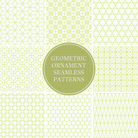 Collection of seamless ornamental geometric patterns. Trendy vintage oriental backgrounds. Green mosaic designのイラスト素材