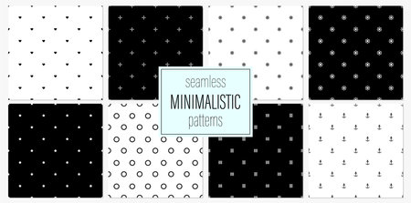 Collection of geometric black and white seamless minimalistic patterns. Simple textile textures. Monochrome repeatable backgrounds with shapes and symbols. Endless unusual printsのイラスト素材