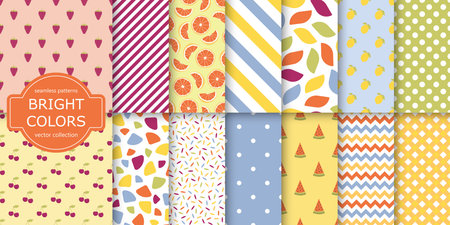 Collection of bright colorful seamless patterns - summer design. Cute endless prints. Repeatable...