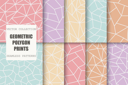 Collection of colorful polygonal geometric patterns. Delicate repeatable abstract backgrounds. Mosaic trendy contemporary printsのイラスト素材