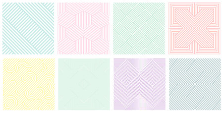 Collection of seamless weave geometric patterns. Delicate striped textures - creative color fashion backgrounds. Repeatable pastel printsのイラスト素材