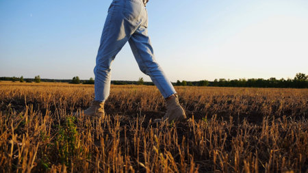 Female feet of farmer going through the wheat meadow at sunset. Legs of agronomist in boots walking among barley plantation at dusk. Concept of agricultural business. Slow motionの写真素材