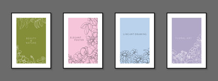 Set of delicate floral covers, templates, placards, brochures, banners, flyers and etc. Color outlite hand drawn backgrounds, postcards, posters, invitation, tags. Beautiful cards with drawing flowersのイラスト素材
