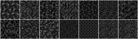 Collection of seamless black geometric patterns. Dark mosaic tile endless textures. Abstract unusual backgrounds. Minimalistic modern printsのイラスト素材