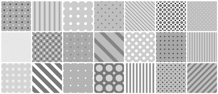 Collection of vector gray seamless patterns. Simple geometric textures - repeatable dotted and striped backgrounds. Monochrome minimalistic textile printsのイラスト素材