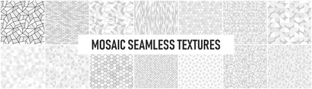 Collection of white and gray seamless decorative mosaic geometric textures. Tile repeatable backgrounds. Endless elegant patterns. Ceramic designのイラスト素材