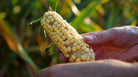 Close up to female hands of a farmer peeling ripe cob of corn at green meadow. Adult arms of...