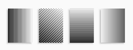 Collection of abstract geometric covers, templates, placards, brochures, banners, backgrounds and etc. Creative halftone striped modern posters, cards, catalogs. Black and white trendy minimal printsのイラスト素材