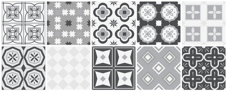 Collection of monochrome seamless geometric mosaic patterns - vintage tile textures. Decorative ornamental abstract backgrounds. Vector gray and white repeatable tileable printsのイラスト素材