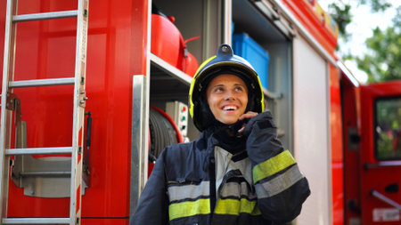 Portrait of happy female fireguard against the background of big red truck. Young firewoman in full equipment looking at camera with positive emotions near a fire engine. Concept of heroic professionの写真素材