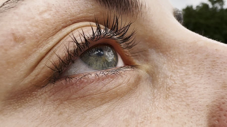 Focus on right green eye of attractive girl blinking and looking up. Portrait of a female pretty...