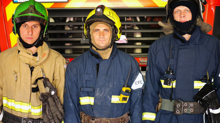 Portrait of male firefighters in helmets and protective uniforms standing near a big red car. Young...