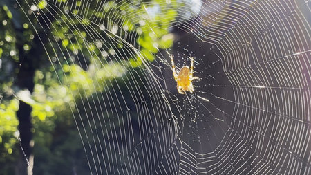 Spiderweb swaying in the wind at garden with sunlight at background. Spider builds a cobweb outdoor....
