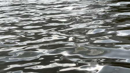 Scenery surface of pond illuminated by sun at summertime. Calm view on sea with small waves at sunny...