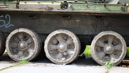 Rusty and burned-out armored vehicles on ukrainian territory. Exhibition of destroyed military...