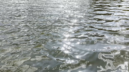 Scenery surface of pond illuminated by sun at summertime. Calm view on sea with small waves at sunny...