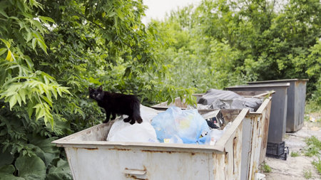 Black homeless cat standing in a dumpster at countryside. Stray kitten looking into camera from trash bin. Problem of protecting animals concept. Close upの写真素材