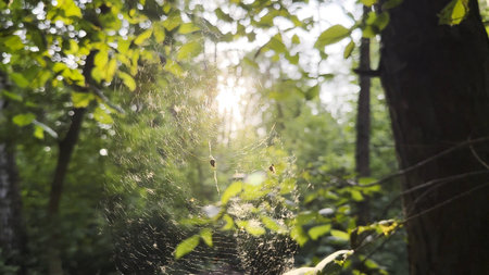Spiderweb swaying in wind with sunlight at background. Spider builds a cobweb in forest. Beautiful scene on summer park at sunset. Concept of nature wildlifeの写真素材
