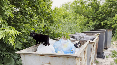 Black homeless cat standing in a dumpster at countryside. Stray kitten looking into camera from...