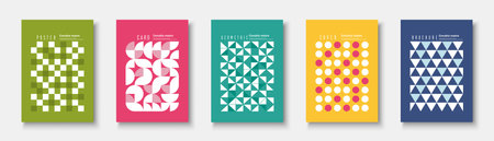 Collection of bright color posters with mosaic geometric shapes and digital print. Vector modern...