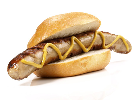 German Sausage with Mustard on white Backgroundの写真素材