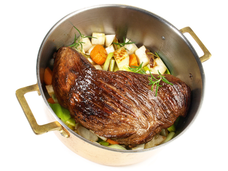 Braised Beef Roast in a Pot on white Backgroundの写真素材